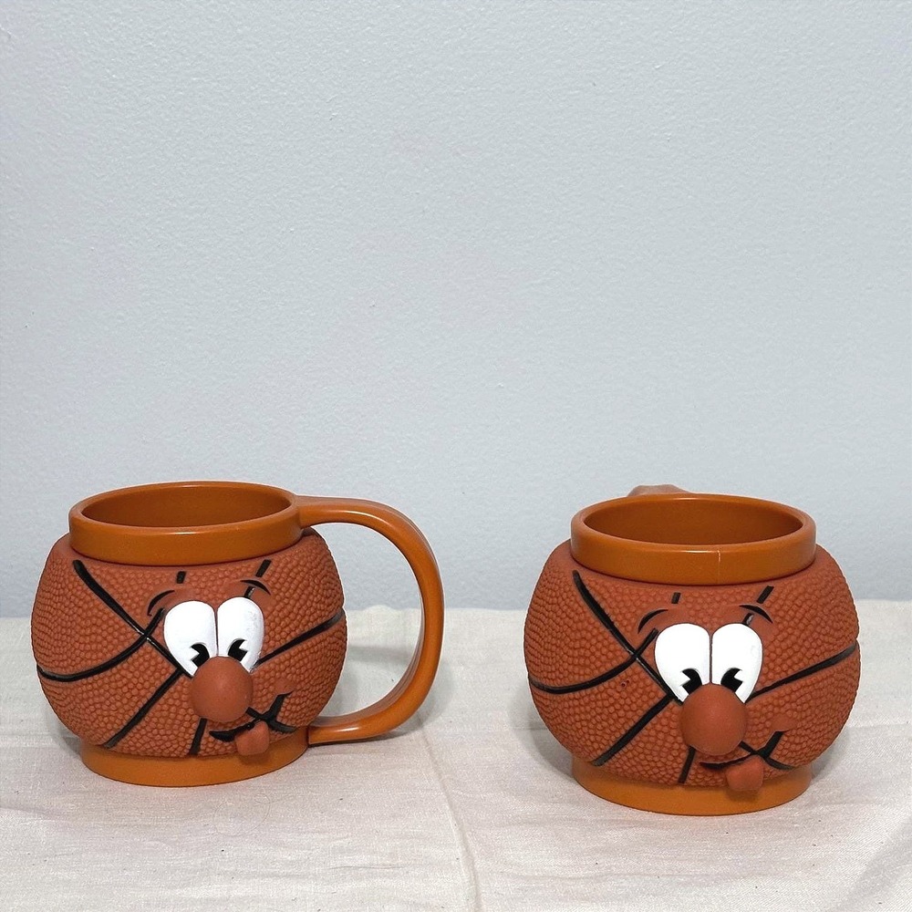 Vintage 2000 RMP Basketball Character Mugs Set of 2 Orange Novelty Plastic Y2K